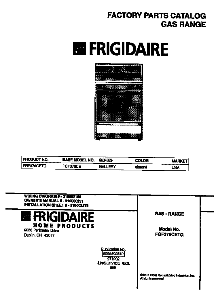 COVER Diagram and Parts List for FGF376CETG  Frigidaire Range