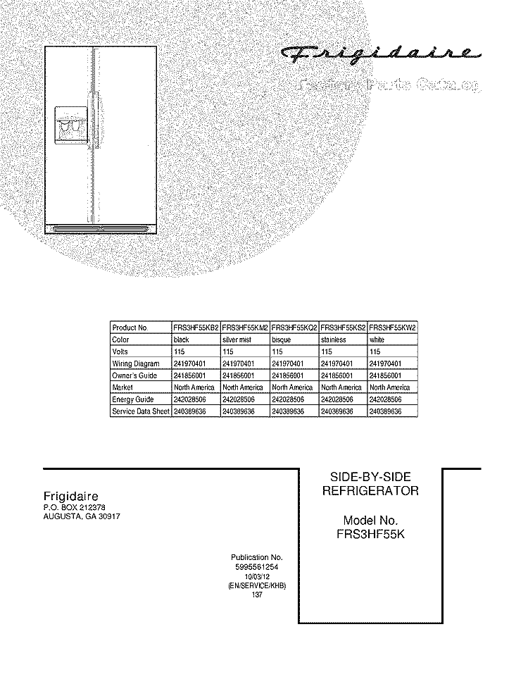 COVER Diagram and Parts List for FRS3HF55KB2  Frigidaire Refrigerator