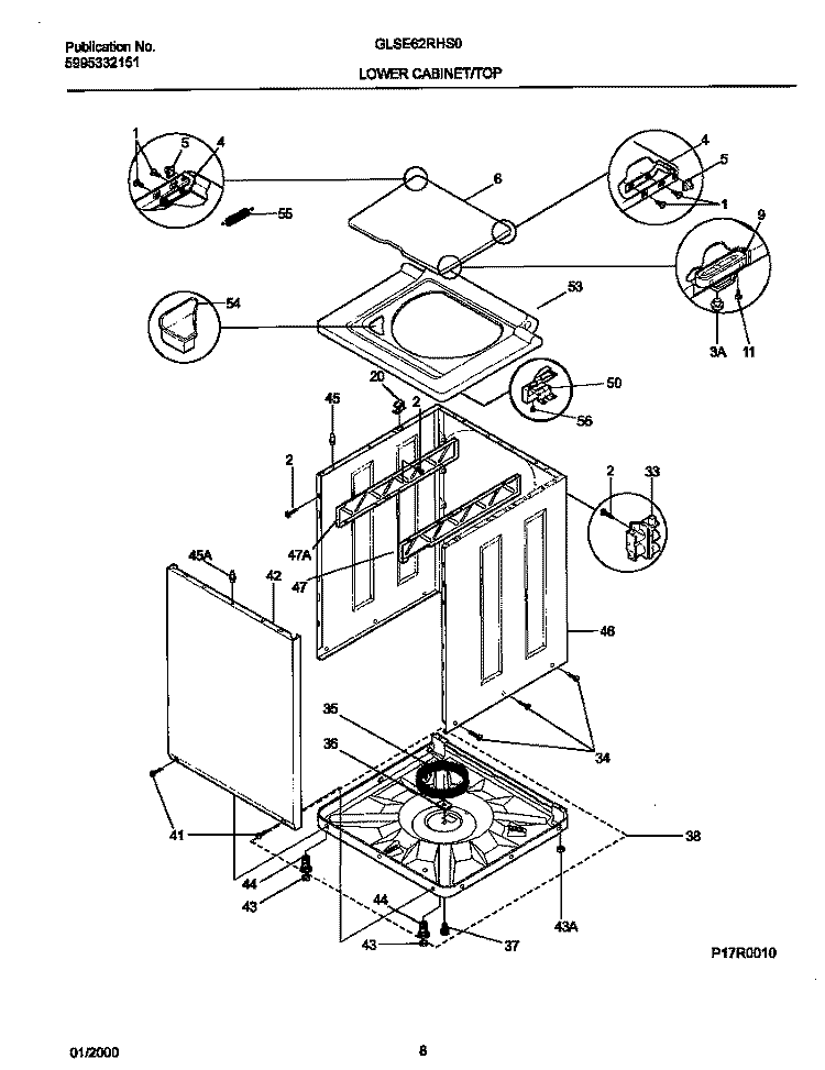 P17R0010 WSHR CAB, TOP Diagram and Parts List for GLSE62RHS0  Gibson Washer Dryer Combo