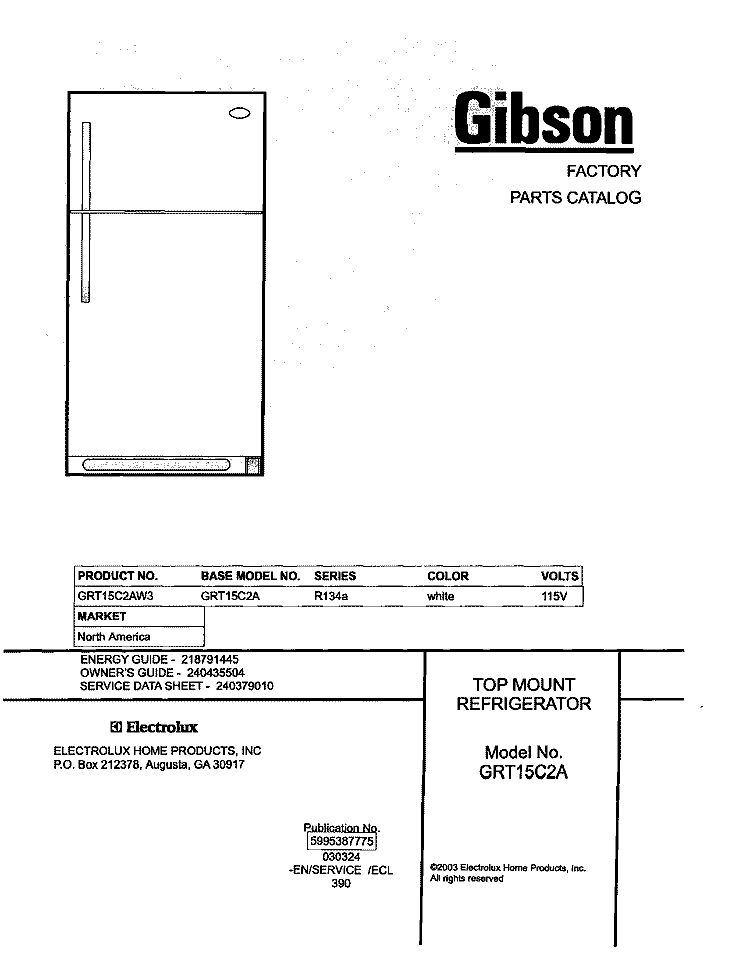 COVER Diagram and Parts List for GRT15C2AW3  Gibson Refrigerator
