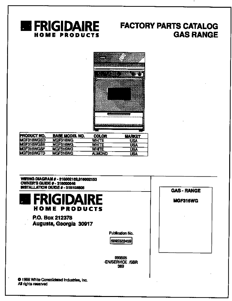 COVER Diagram and Parts List for MGF316WGSD  Frigidaire Range