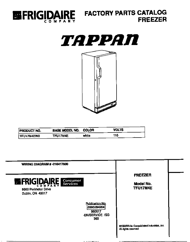 COVER Diagram and Parts List for TFU17M4EW0  Tappan Freezer