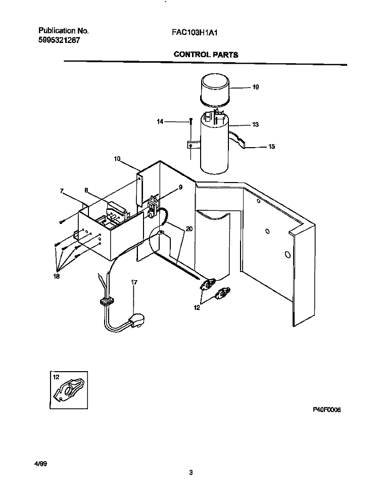 CONTROL PARTS Diagram and Parts List for FAC103H1A1  Frigidaire Air Conditioner