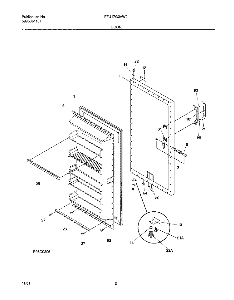 DOOR Diagram and Parts List for FFU17G3AW0  Frigidaire Freezer