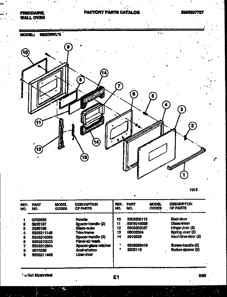 DOOR PARTS Diagram and Parts List for REG78WL3  Frigidaire Wall Oven