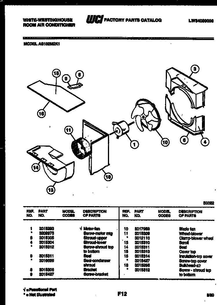 AIR HANDLING PARTS Diagram and Parts List for AS182M2K1  Frigidaire Air Conditioner