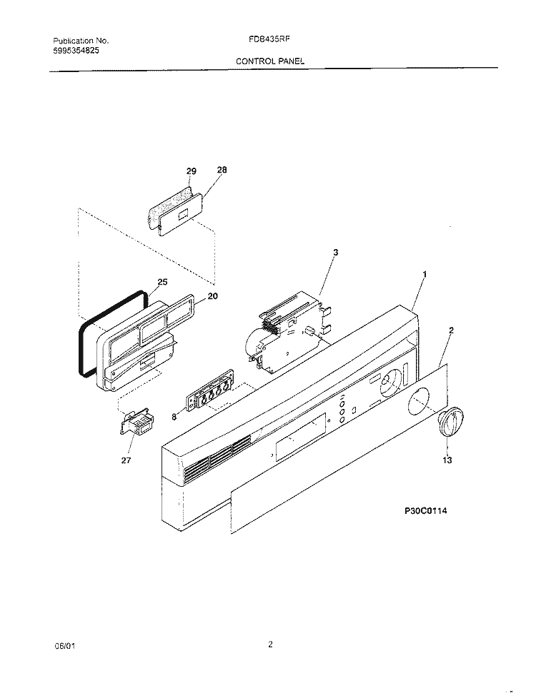 CONTROL PANEL Diagram and Parts List for FDB435RFS4  Frigidaire Dishwasher