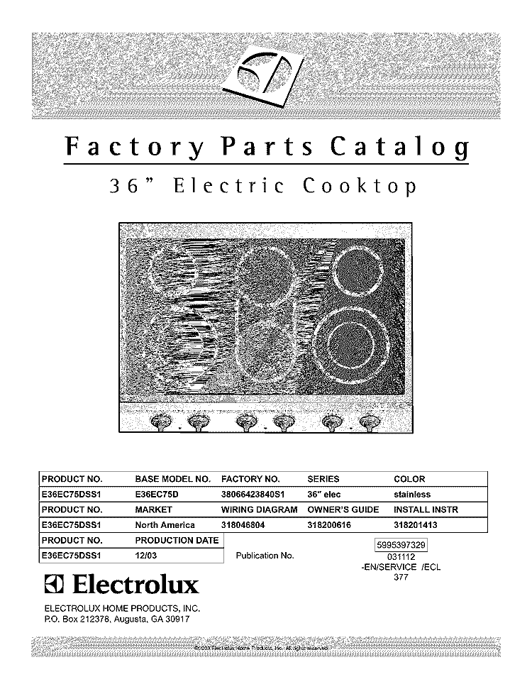 COVER Diagram and Parts List for E36EC75DSS1  Electrolux Cooktop