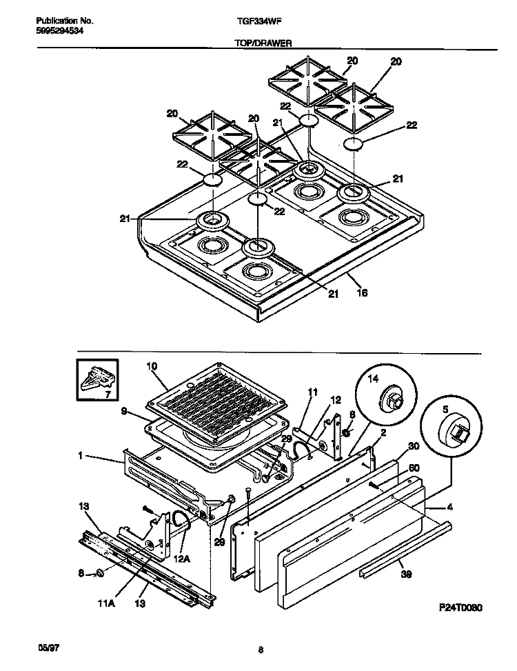 TOP / DRAWER Diagram and Parts List for TGF334WFSA  Tappan Range