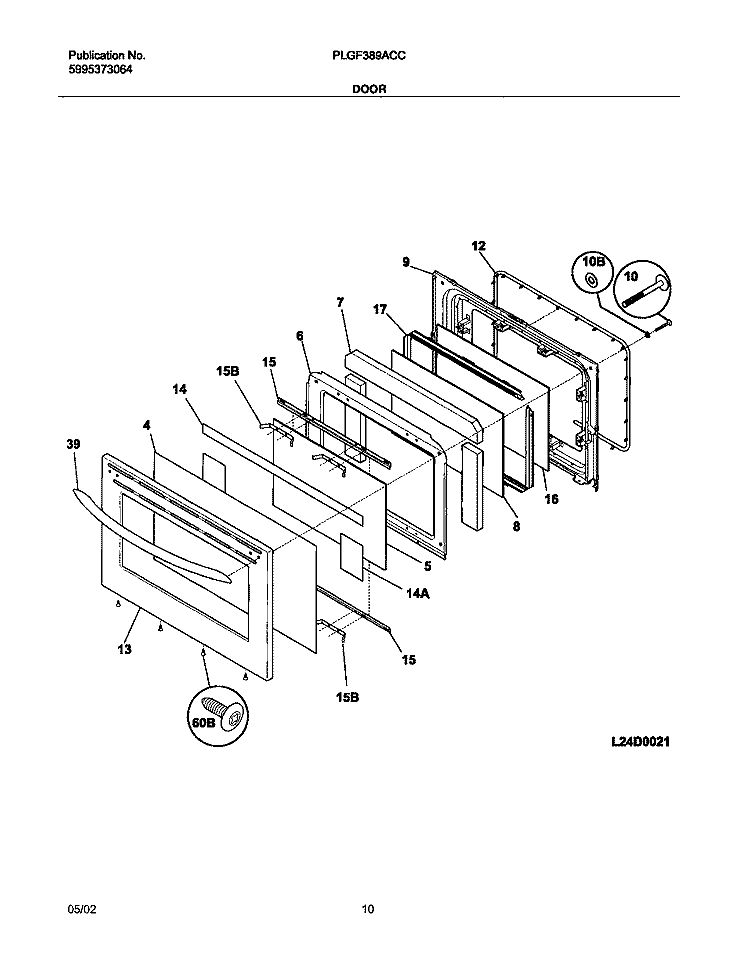 DOOR Diagram and Parts List for PLGF389ACC  Frigidaire Range