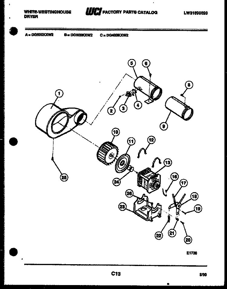 MOTOR AND BLOWER PARTS Diagram and Parts List for DG500KXW2  Frigidaire Dryer