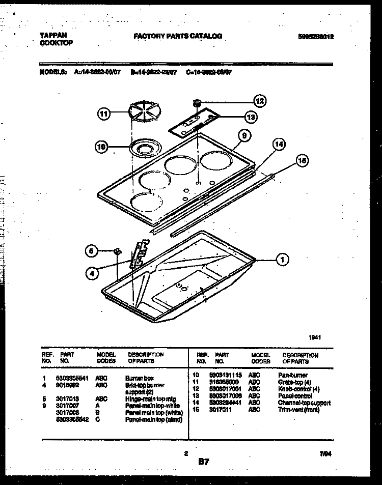 COOKTOP PARTS Diagram and Parts List for 14-3622-08-07  Tappan Cooktop