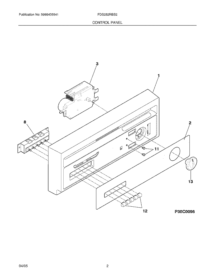 CONTROL PANEL Diagram and Parts List for FDS252RBS2  Frigidaire Dishwasher
