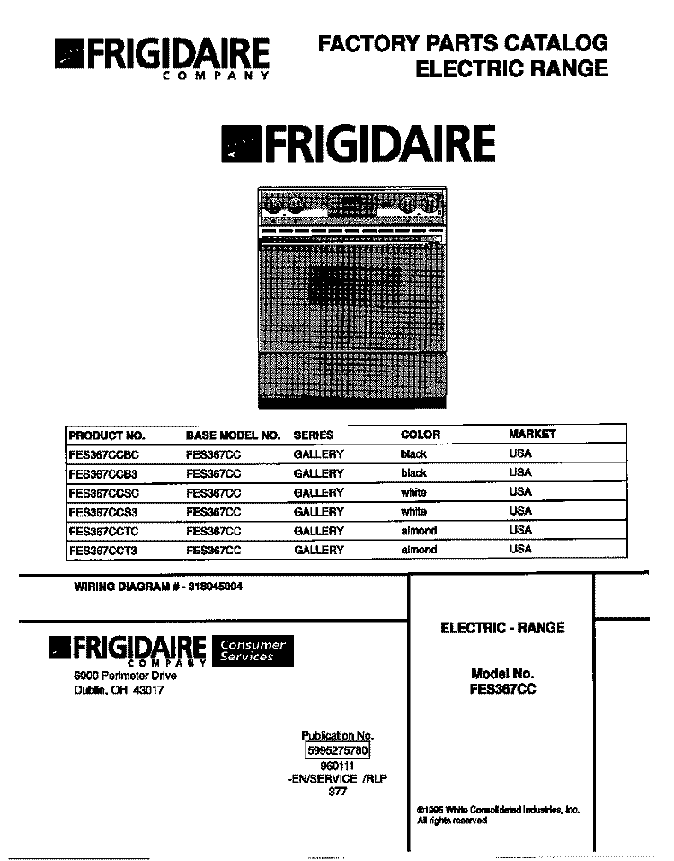 COVER Diagram and Parts List for FES367CCTC  Frigidaire Range