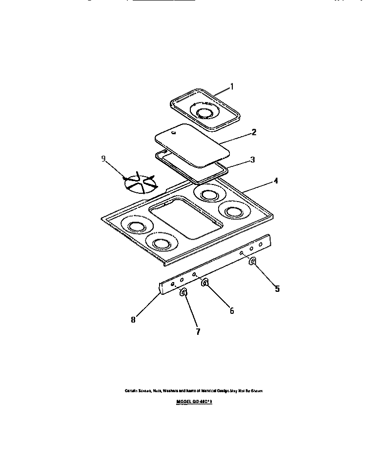 COOK TOP, KNOBS Diagram and Parts List for GP38BCL1  Frigidaire Range