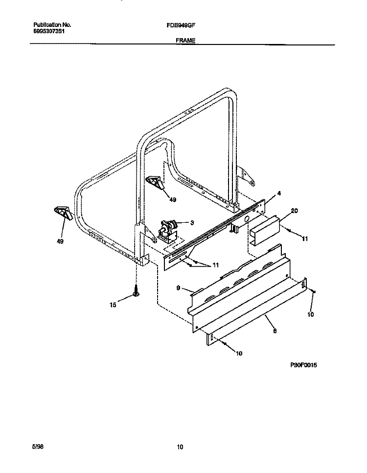 FRAME Diagram and Parts List for FDB949GFB2  Frigidaire Dishwasher