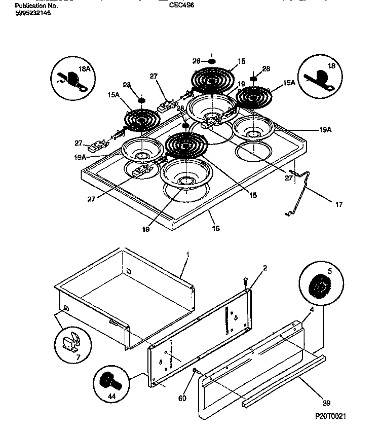 TOP / DRAWER Diagram and Parts List for CEC4S6WXE  Gibson Range