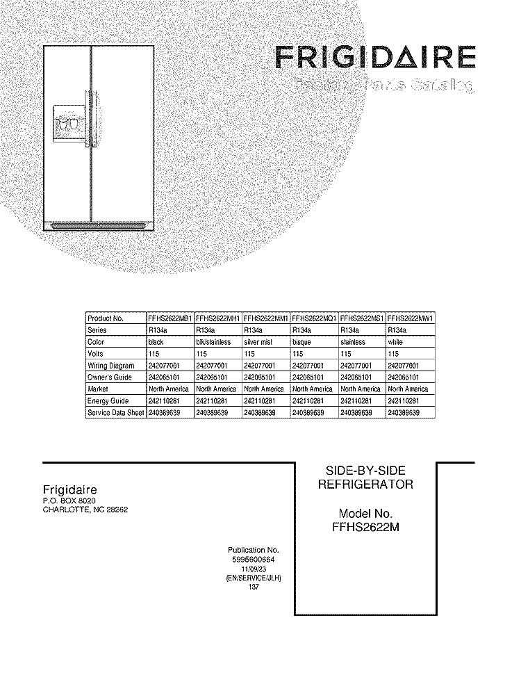 COVER Diagram and Parts List for FFHS2622MB1  Frigidaire Refrigerator