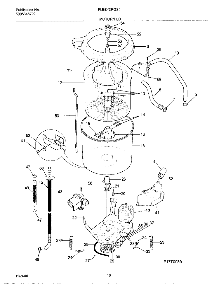 MOTOR / TUB Diagram and Parts List for FLEB43RGS1  Frigidaire Washer Dryer Combo