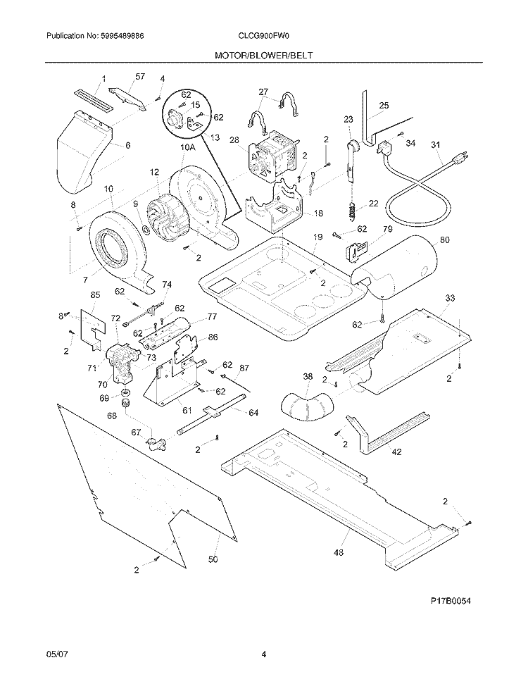 MOTOR / BLOWER / BELT Diagram and Parts List for CLCG900FW0  Crosley Washer Dryer Combo