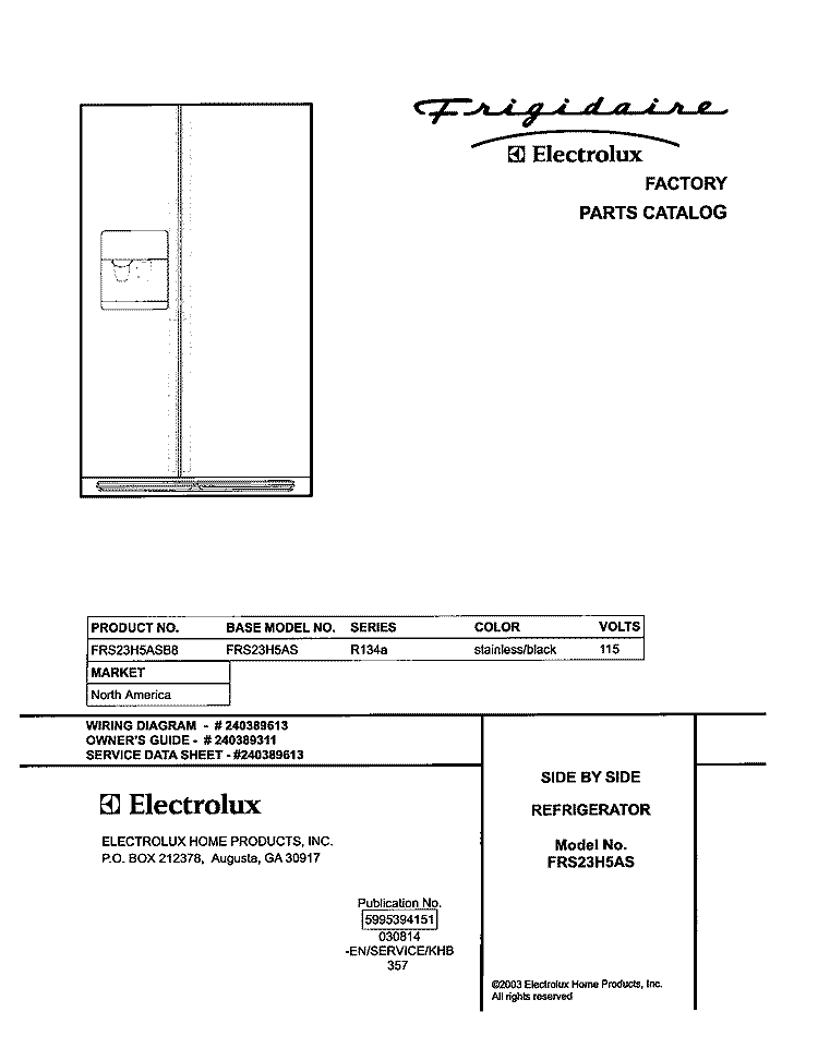 COVER Diagram and Parts List for FRS23H5ASB8  Frigidaire Refrigerator