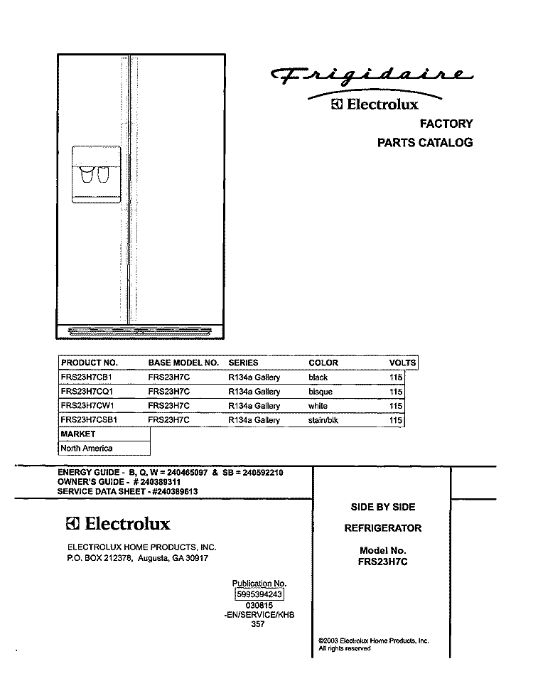 COVER Diagram and Parts List for FRS23H7CQ1  Frigidaire Refrigerator