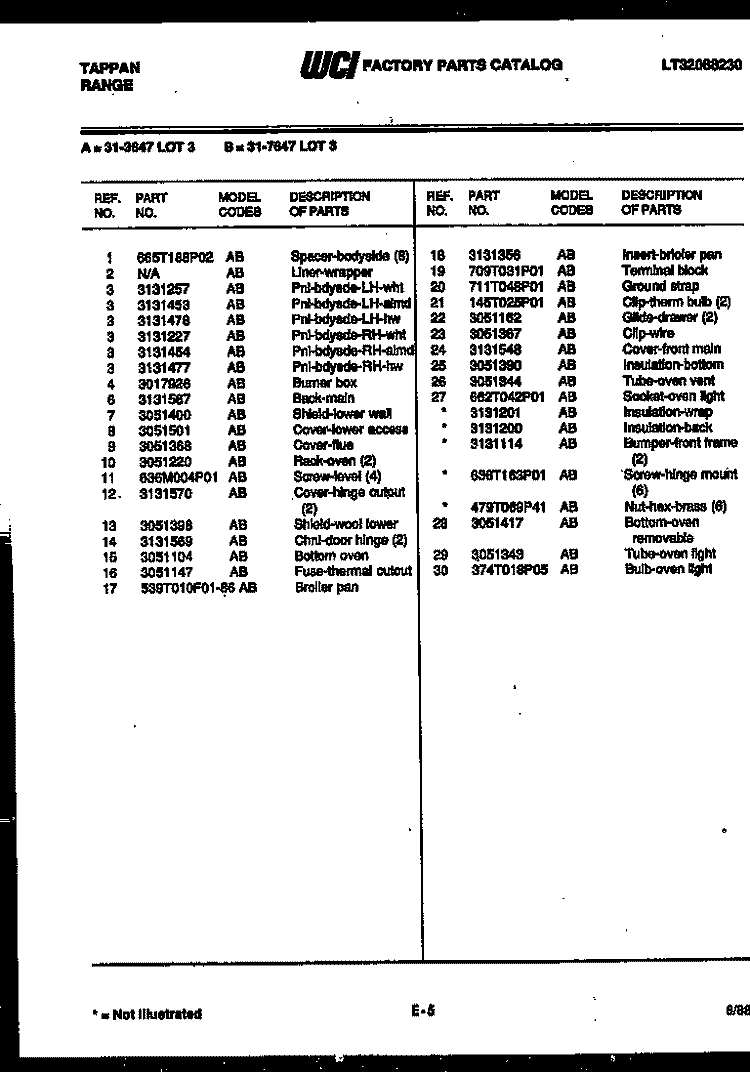 BROILER PARTS Diagram and Parts List for 31-4998-00-02  Tappan Range