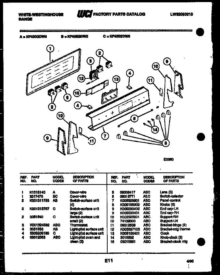 CONTROL PANEL Diagram and Parts List for KF450GDD6  Frigidaire Range
