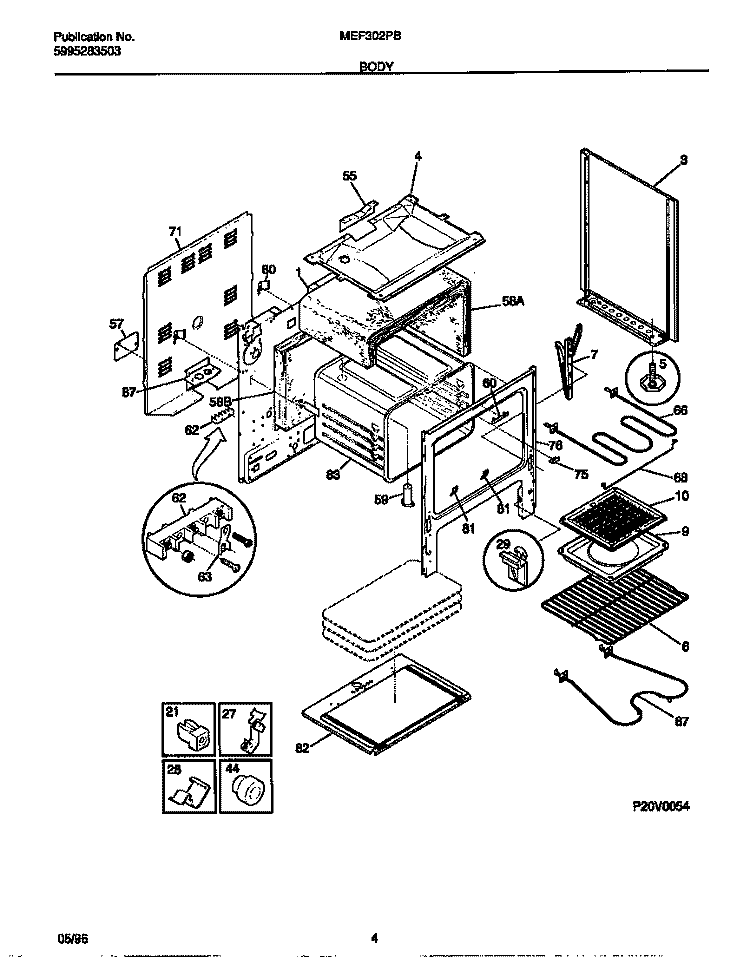 BODY Diagram and Parts List for MEF302PBWG  Frigidaire Range