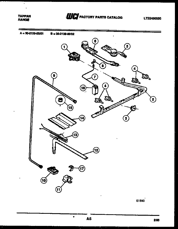 BURNER, MANIFOLD AND GAS CONTROL Diagram and Parts List for 30-2139-23-01  Tappan Range