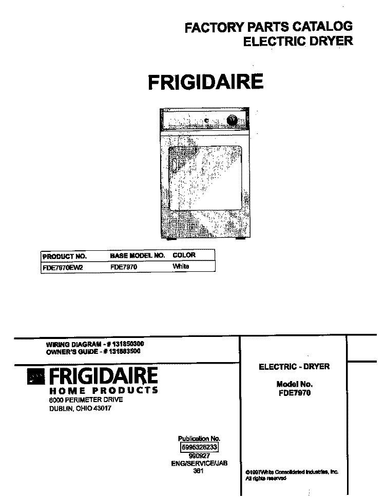 COVER Diagram and Parts List for FDE7970EW2  Frigidaire Dryer