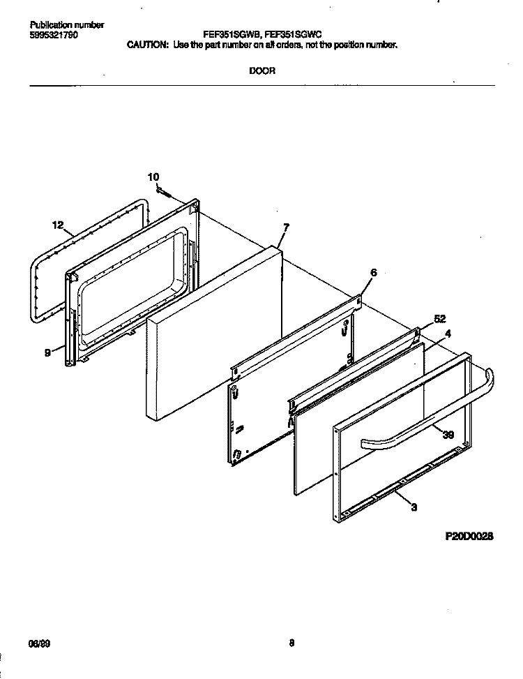DOOR Diagram and Parts List for FEF351SGWB  Frigidaire Range