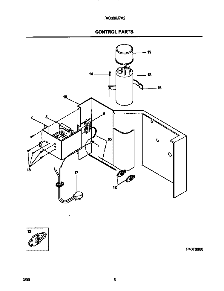 CONTROL PARTS Diagram and Parts List for FAC080J7A2  Frigidaire Air Conditioner