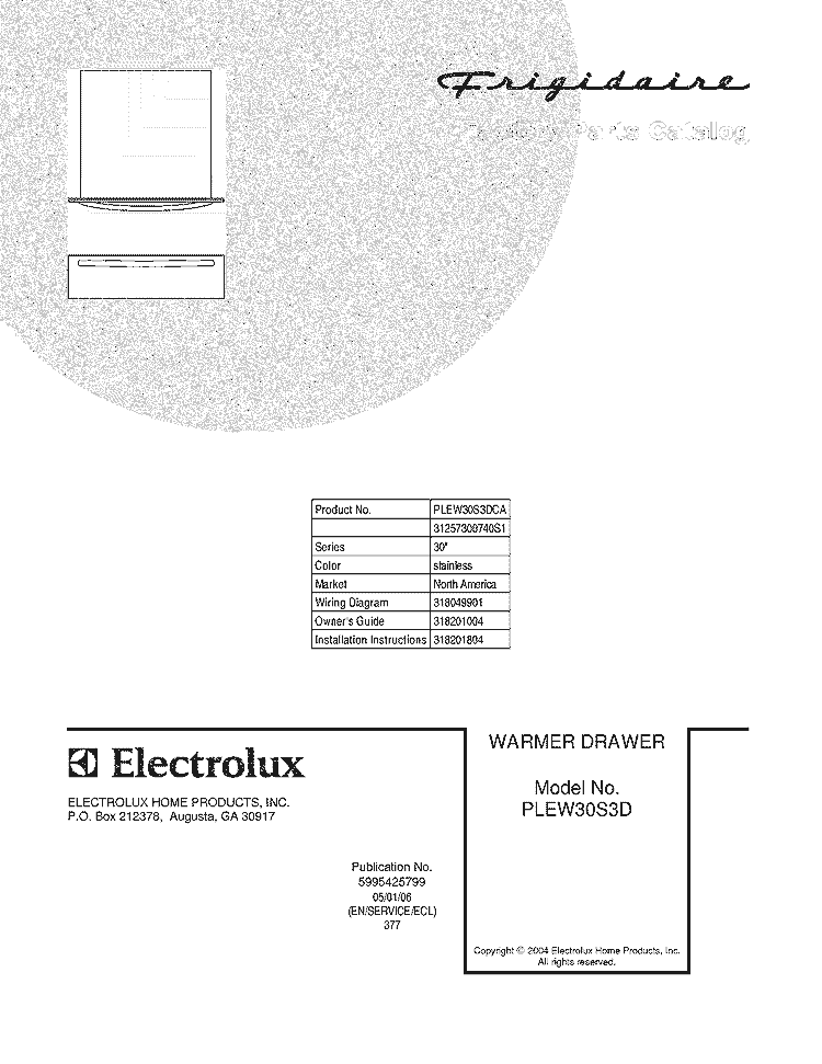 COVER Diagram and Parts List for PLEW30S3DCA  Frigidaire Warming Drawer