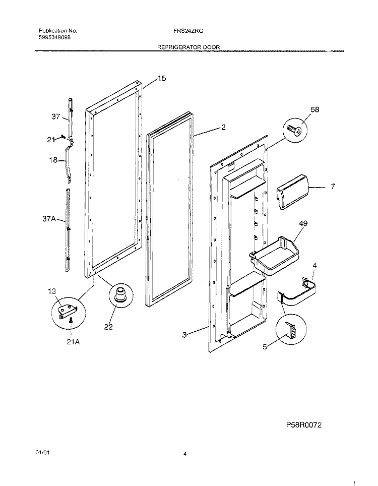 REFRIGERATOR DOOR Diagram and Parts List for FRS24ZRGW1  Frigidaire Refrigerator