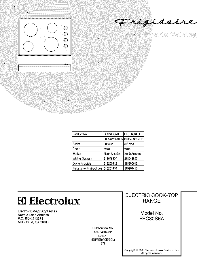 COVER Diagram and Parts List for FEC30S6ASE  Frigidaire Cooktop