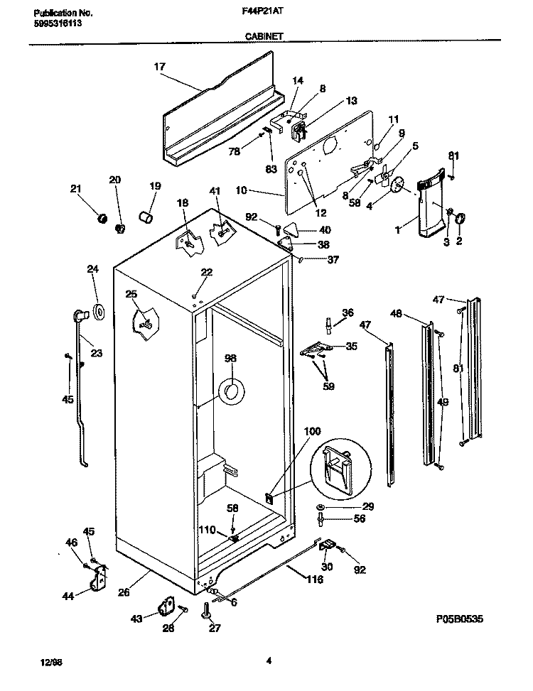 CABINET Diagram and Parts List for F44P21ATD0  Frigidaire Refrigerator