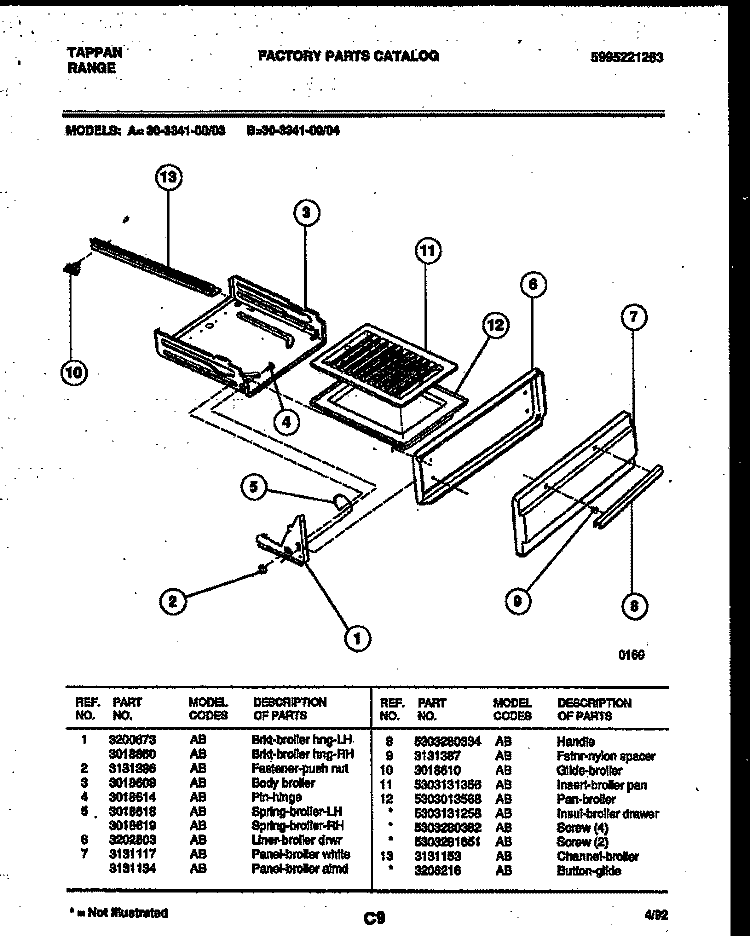 BROILER DRAWER PARTS Diagram and Parts List for 30-3341-23-03  Tappan Range