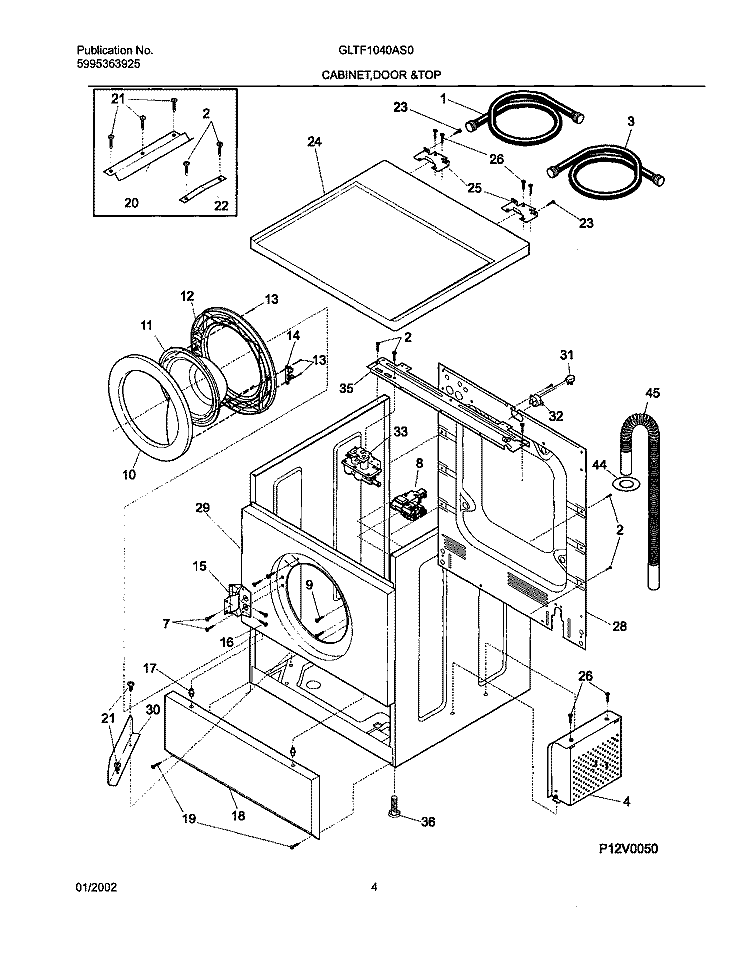WSHR CAB, DOOR Diagram and Parts List for GLTF1040AS0  Frigidaire Washer