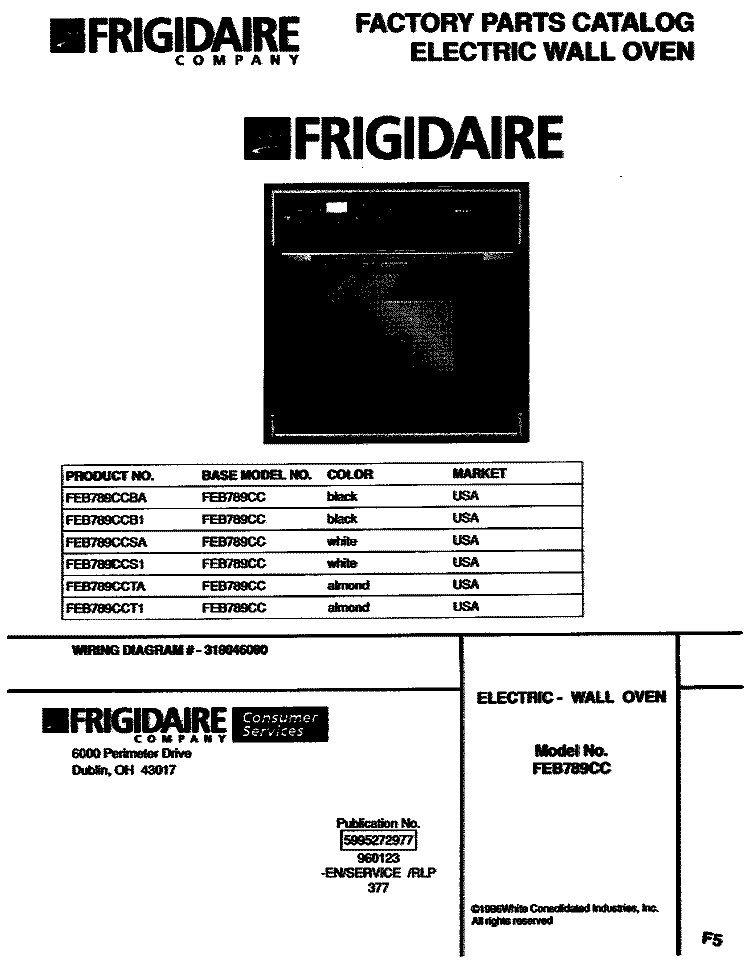 COVER Diagram and Parts List for FEB789CCB1  Frigidaire Wall Oven