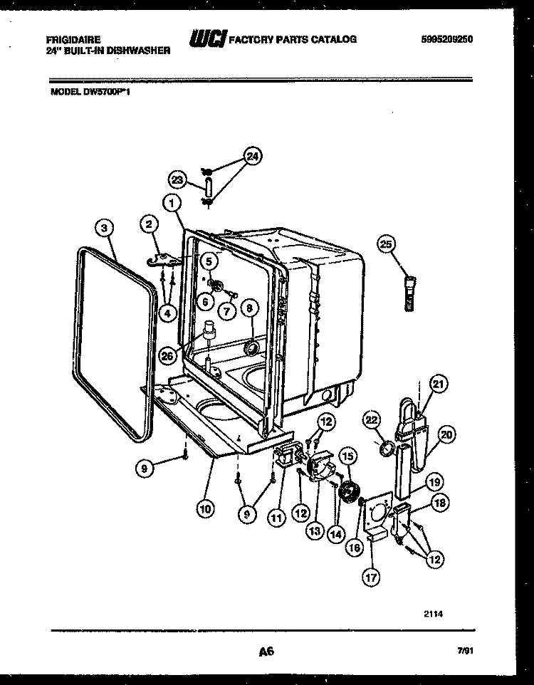 TUB AND FRAME PARTS Diagram and Parts List for DW5700PW1  Frigidaire Dishwasher