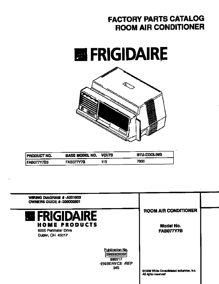 COVER Diagram and Parts List for FAB077Y7B3  Frigidaire Air Conditioner