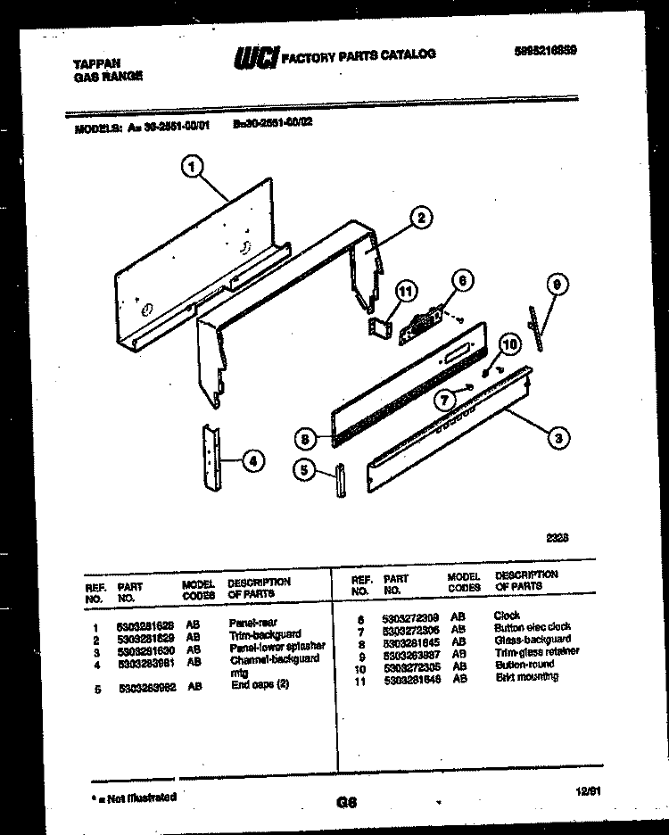 BACKGUARD Diagram and Parts List for 30-2551-23-01  Tappan Range