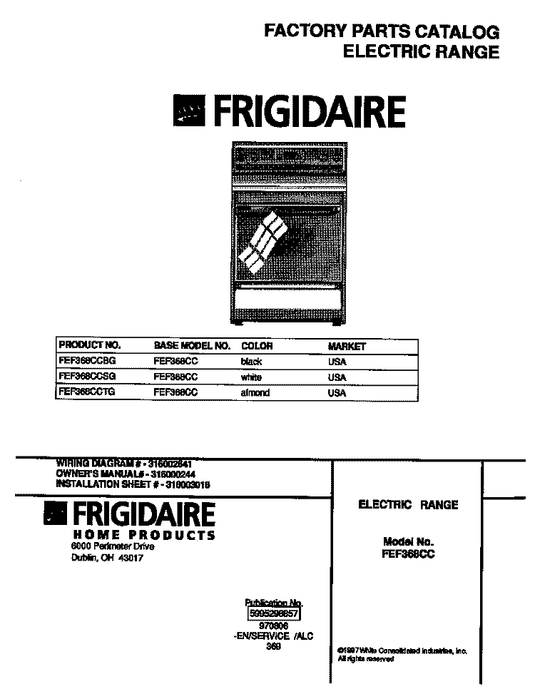 COVER Diagram and Parts List for FEF368CCTG  Frigidaire Range