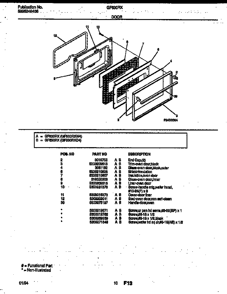 DOOR PARTS Diagram and Parts List for GF630RXD4  Frigidaire Range