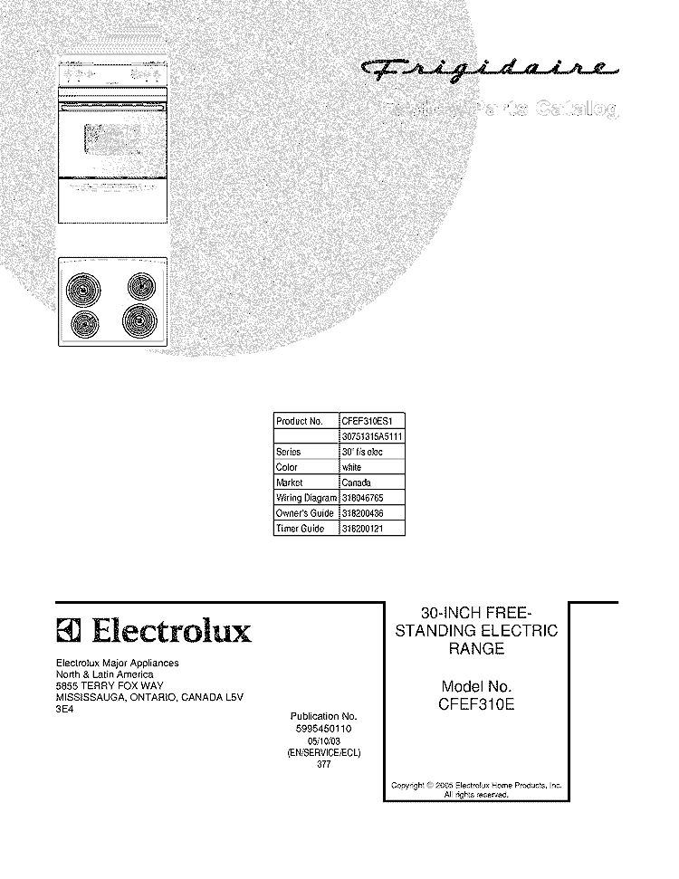COVER Diagram and Parts List for CFEF310ES1  Frigidaire Range