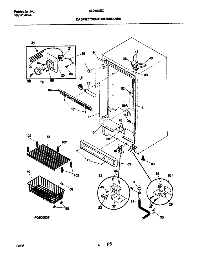 CABINET / CONTROL / SHELVES Diagram and Parts List for UL2493ECW5  Electrolux Freezer