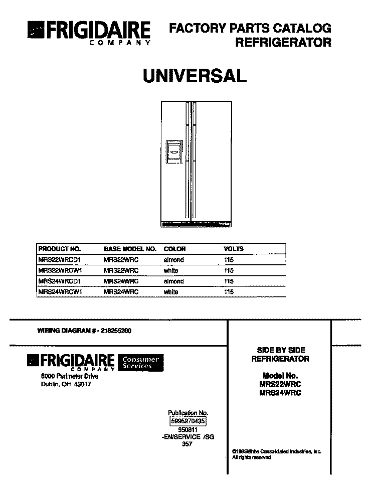 COVER Diagram and Parts List for MRS22WRCD1  Frigidaire Refrigerator