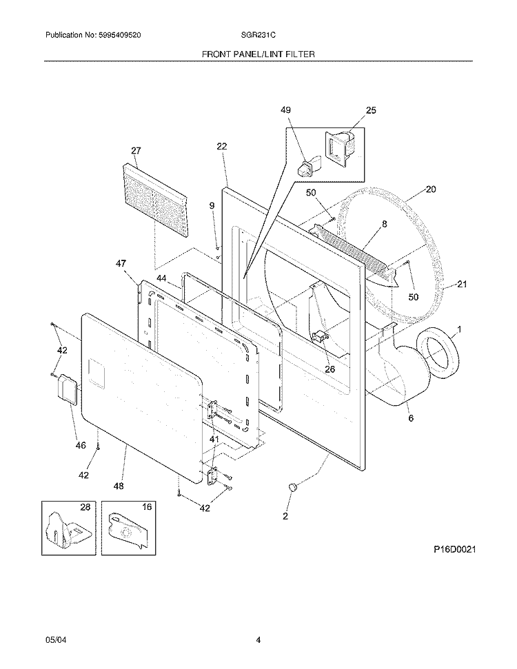 FRONT PANEL / LINT FILTER Diagram and Parts List for SGR231CS0  Westinghouse Dryer