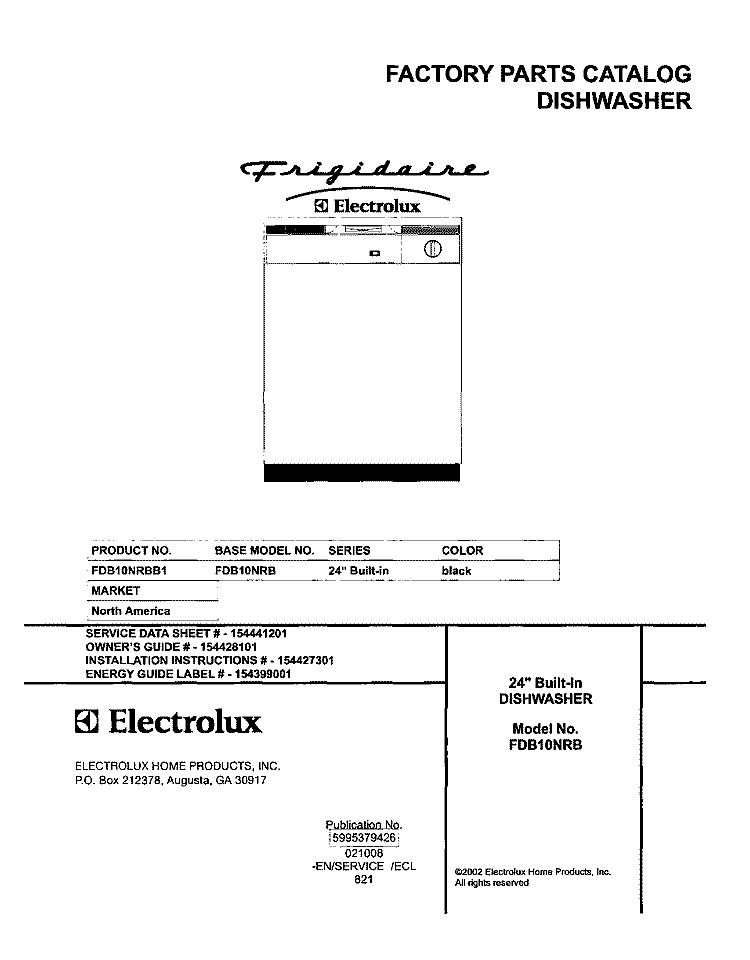 COVER Diagram and Parts List for FDB10NRBB1  Frigidaire Dishwasher